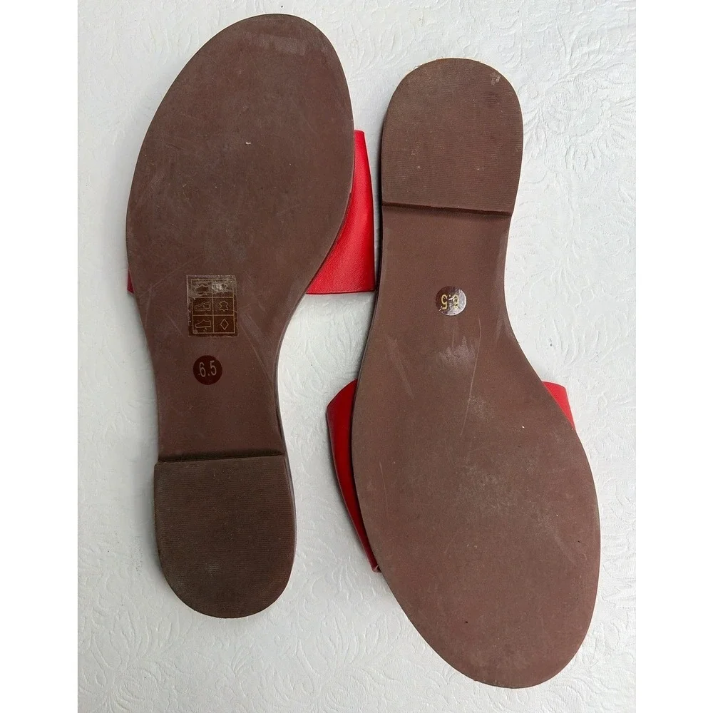 Tory Burch Ines‎ Slide Sandals Red Leather Gold Trim Logo Flats 6.5